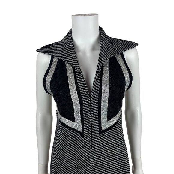 Vintage 70s Silver Mini Dress Womens XS Chevron Lurex Metallic Pointed Collar - Picture 4 of 11